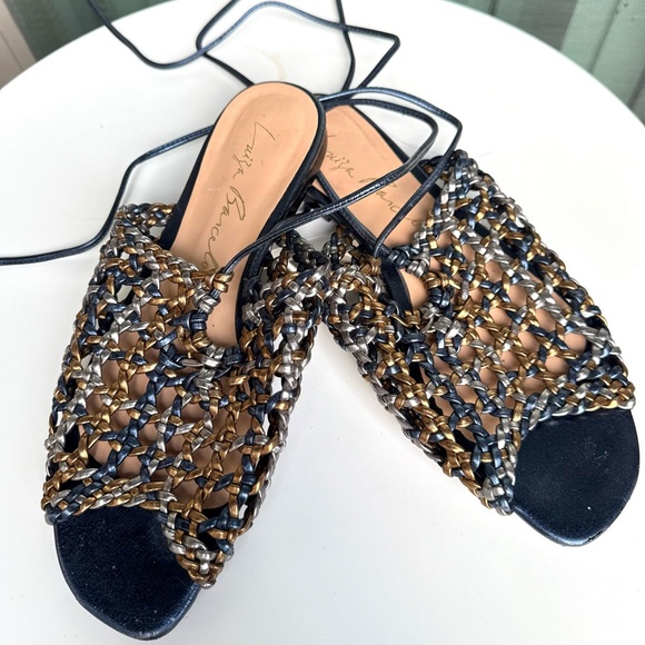 Luiza Barcelos Metallic Woven Lace-Up Sandals Navy Blue Gold Silver Size 8 - Picture 1 of 9